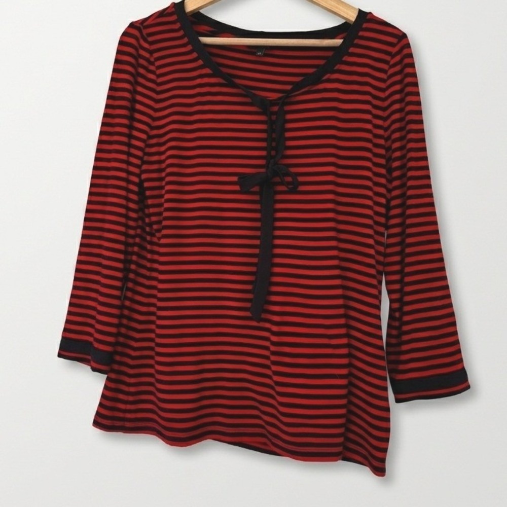 Talbots Womens Medium Red Navy Striped Tie Neck 3/4 Sleeve Knit Top Nautical